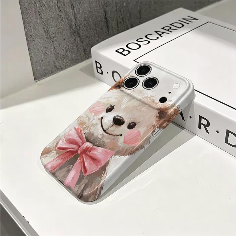 Cuddly Watercolor Teddy Bear Pink Bow Art Graphic Film Aesthetic Protective Shockproof Bumper Phone Case Cover For iPhone 14 15 16 Pro Max Plus