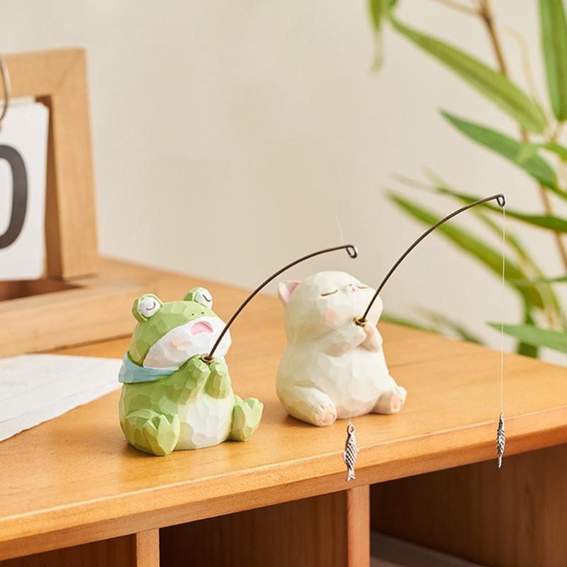 Wood Texture Amimal Fishing Figurine Resins Figure Toy Computer Monitors Decors Car Central Screen Decoration Ornament