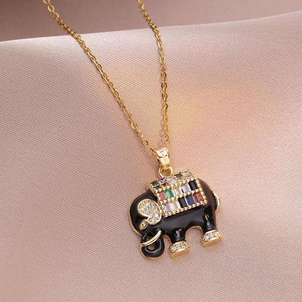 Damen Bunte Zirkon Kleiner Elefant Anhänger Halskette, Trendiges Titanstahl-Design