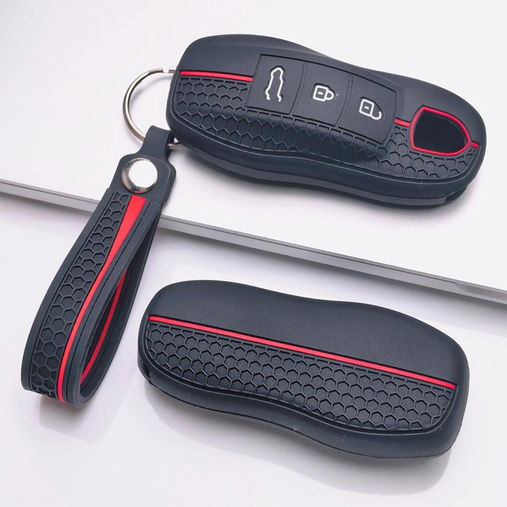 Silicone Smart Key Fob Cover for Porsche Cayenne Macan Panamera 911 Boxster Cayman Taycan 718 Spyder GT3 RS with Keychain Smart Remote Key Protector