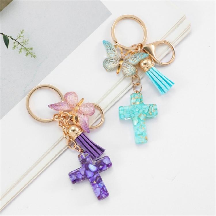 Christian Resins Crosses and Butterfly Keychain with Tassels for Daily Key Organization and Backpack Bag Decoration