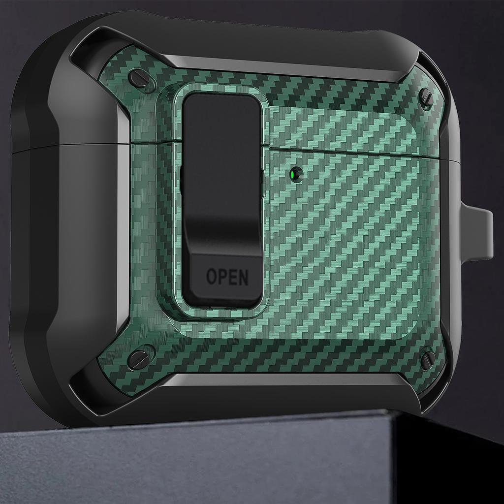 For AirPods 4 Bluetooth-compatible Earphone Cover Carbon Fiber Texture TPU+PC Anti-Drop Case with Buckle