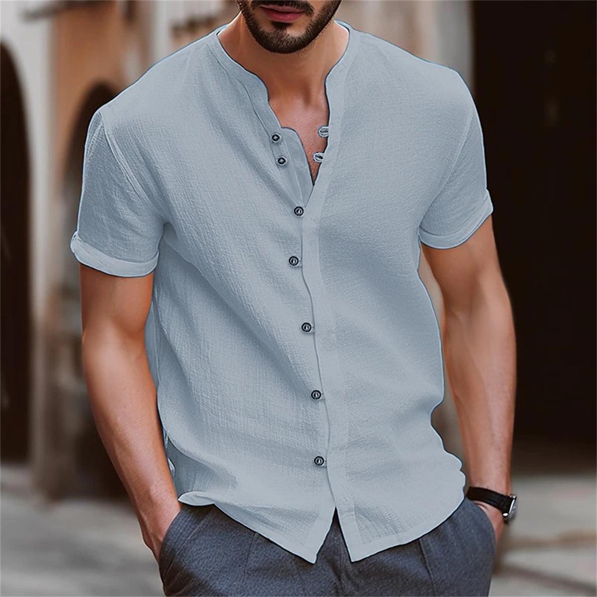 

Men s Shirt Cotton Short Sleeve Casual Solid Color Retro Street Style British Style Summer Loose Collar Simple Cardigan S чёрный