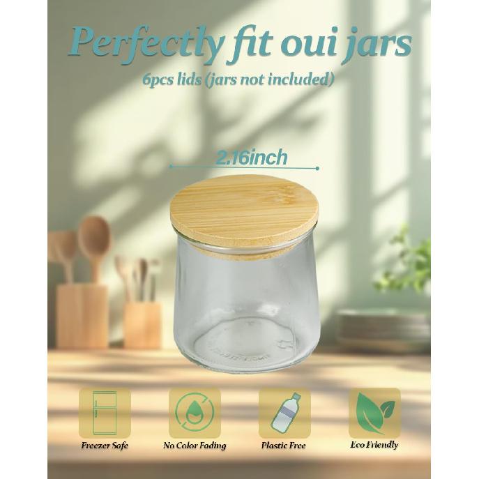 Oui Yogurt Jar Lids 6 Pack, Bamboo Covers Perfect for 5Oz Oui Yogurt Jars, Food-Grade Reble Wooden Canning Lids with Airtight Seal Ring