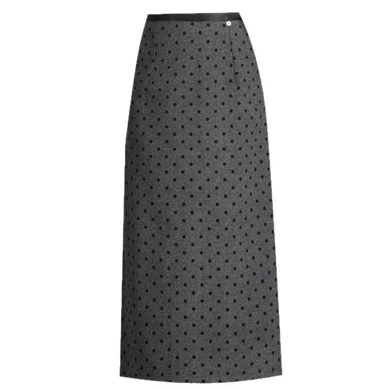 2025 Korean Grey Polka Dot Wool A-Line Skirt: Women's Autumn/Winter Straight Cut, Mid-Length with Back Slit
