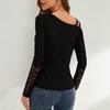 Autumn Asymmetric Crossed Shoulderless Design Lace Splicing T-Shirt Women's Long Sleeve Skinny Versatile Closet Essential Fashion Items Shirt