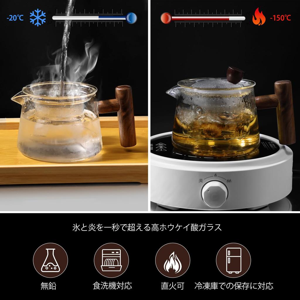 FGIUKC Heat-Resistant Glass Teapot, 500ml, with Wooden Handle, Transparent Glass Teapot with Strainer, Suitable for Green Tea, Black Tea, Fruit Tea,