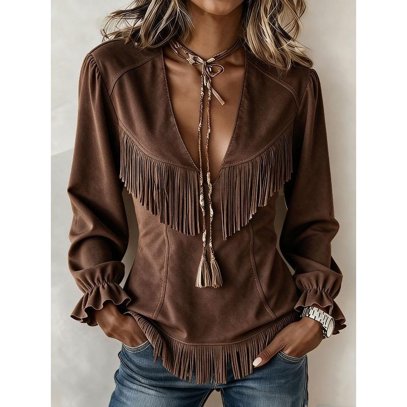 DICFY Women's Fashion Casual Autumn Winter Long Sleeve V-Neck Blouses & Shirts