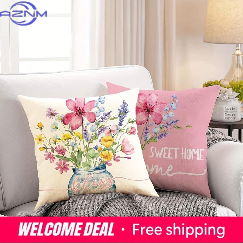 Pink Floral Sunshine Home - Themed Pillowcasebedroom Living Room Sofa Home Decor Polyester Cushion Cover With Zipper