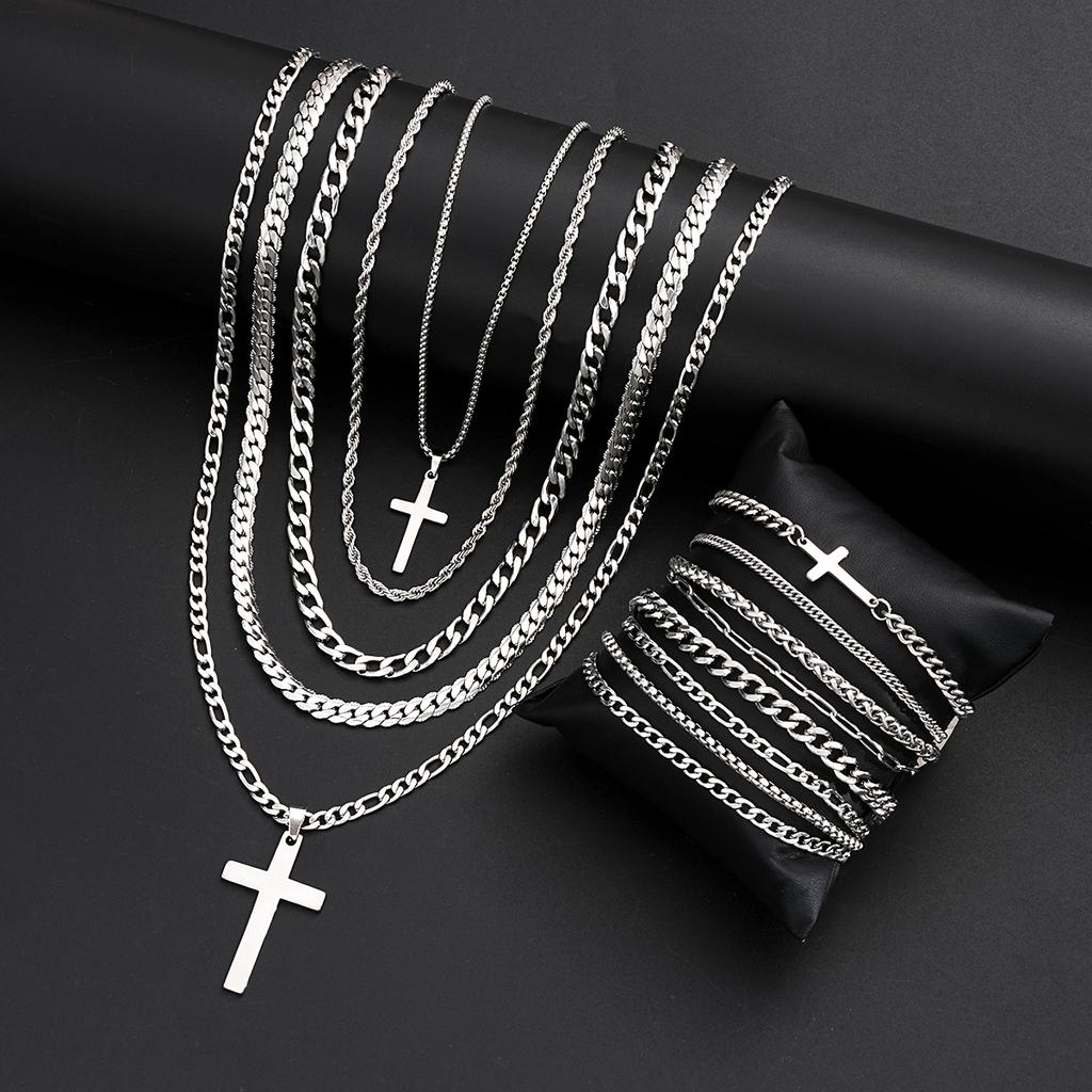 13Pcs Stainless Steel Cross Necklace Bracelet Sets For Men Fashion Silver Color Cuban Chain Jewelry Sets Hiphop Party Wear Gifts