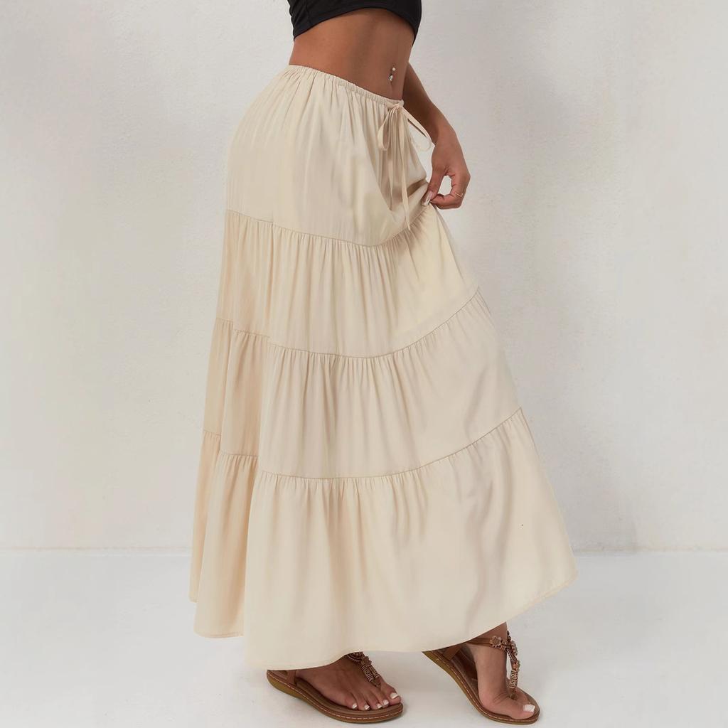 Women's Casual Maxi Skirts Summer Boho Solid Beach Elastic High Waist Pleated A-Line Flowy Swing Long Maxi Skirts Elastic Waist Long Skirt for Women