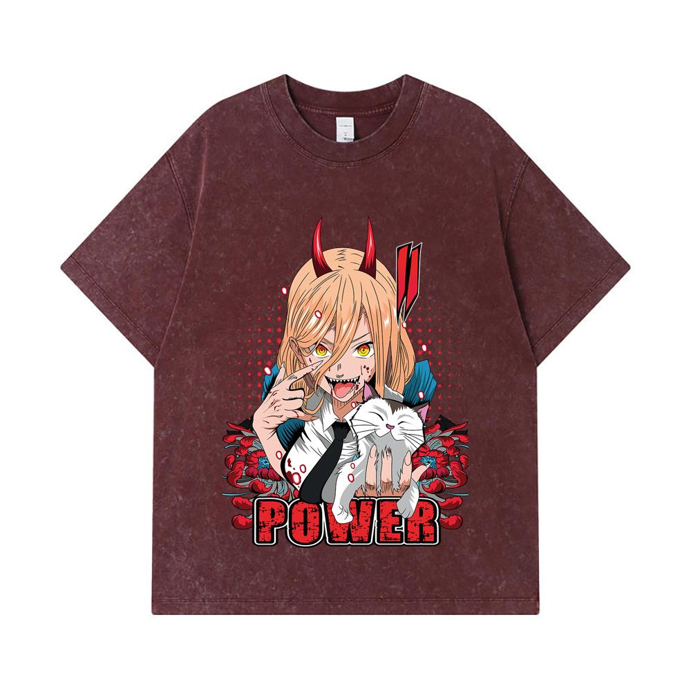 275 GSM Washed T-shirts 100% Cotton Chainsaw Man V51 Power Print Unisex Heavy Cotton T Shirt