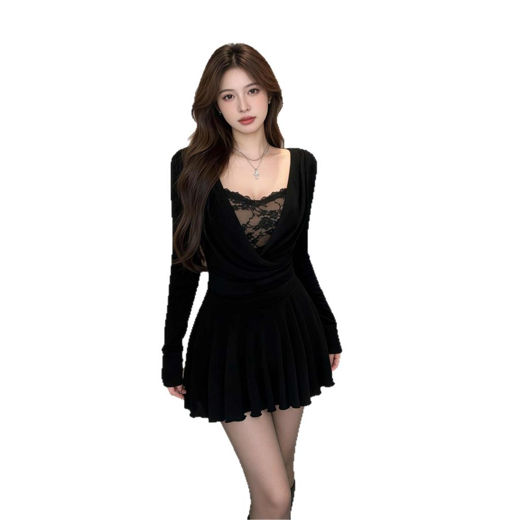 French Hollow Design Sense Lace Splicing Dress Women's Spring and Autumn Fashion Sexy Hot Girl Style Waist and Thin Short Skirt