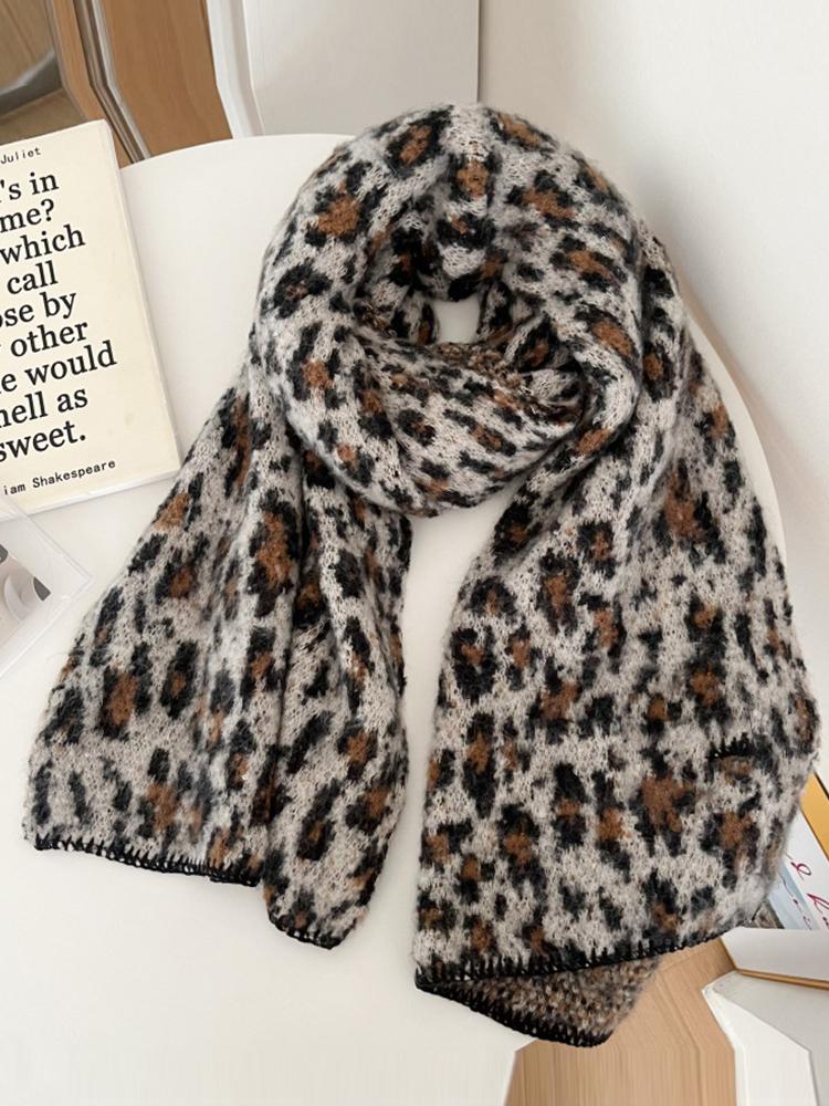Women Winter Knitted Scarf Headscarf Ladies Men Casual Leopard Print Warm Scarve Mujer Male Foulard Wrap Shawl New Unisex Retro