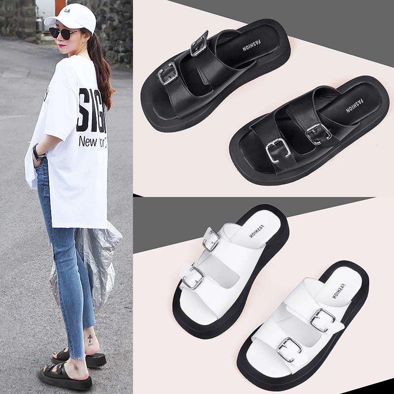 Fashion 2025 Women Slippers Summer Genuine Leather Slides Women Fashion Square button Flat Sandals Ladies Outdoor Casual Flip Flops