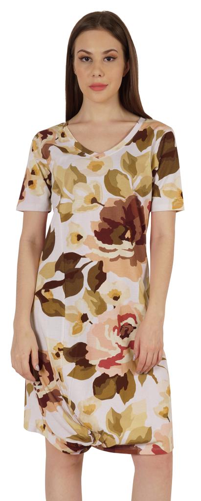 Moomaya Cotton Jersey Printed Midi Dress For Women V-Neck Summer Short Sleeves Knee Length