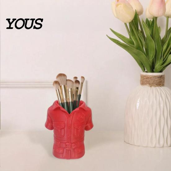 Bright Red Desk Decor 3D Printed Shirt-Shaped Pen Holder, Creative Workwear Organizer for Pencils Markers Unique Office Accessory Scissors,