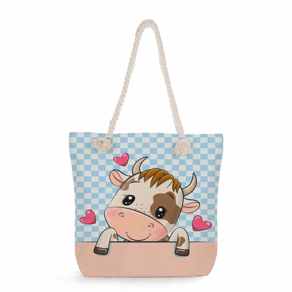 Cartoon animals print thick rope single-shoulder beach bag 7270 KTB