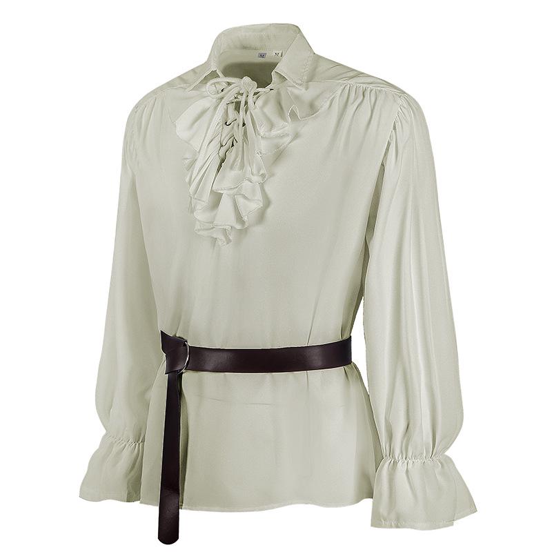 Medieval Long Sleeve Ruffled Puff Sleeve Top with Turn-Down Collar - Vintage Solid Color COS Costume Shirt