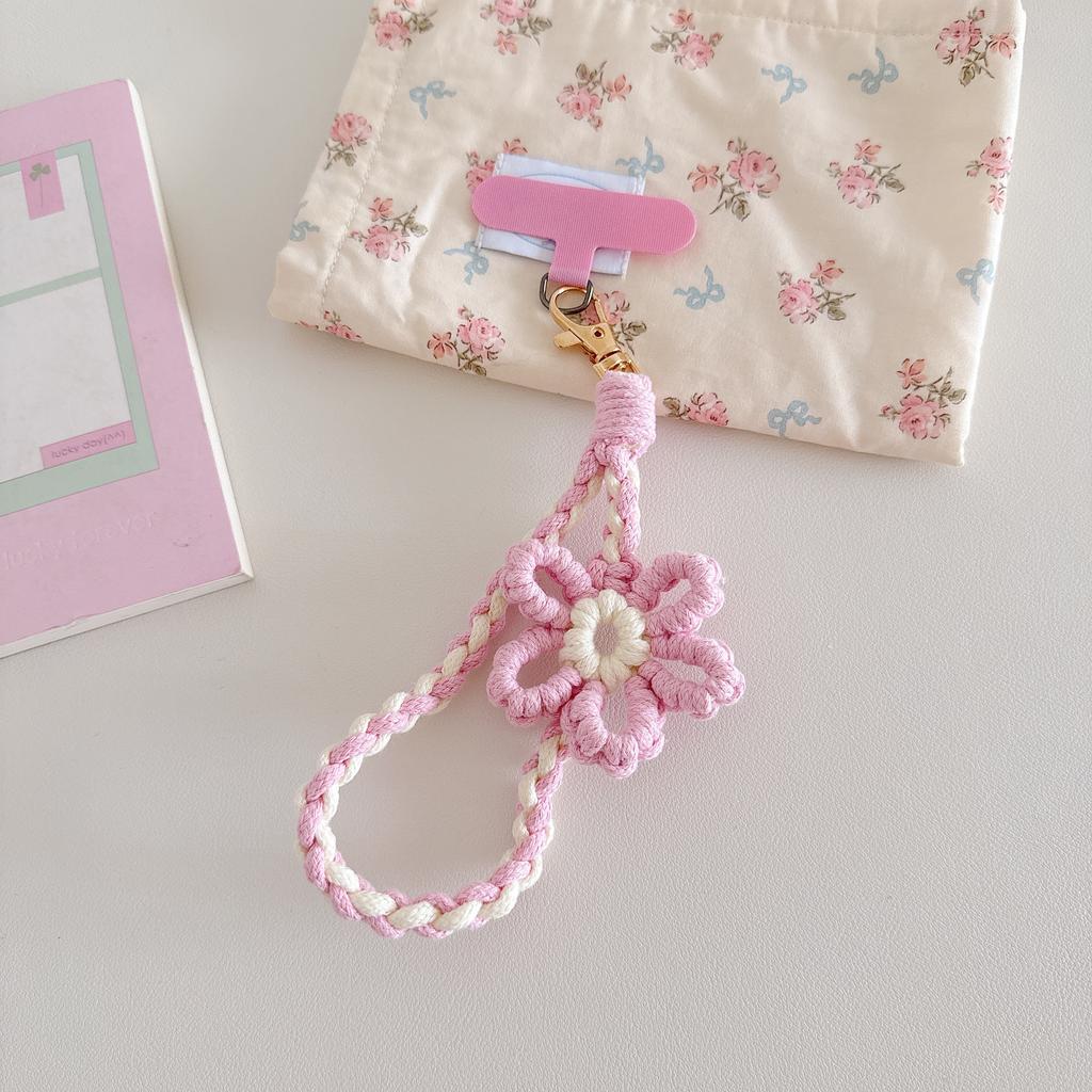 Ins Knit Colorful Flower Short Lanyard for Mobile Cell Phone Hand Wrist Strap Double Color Contrast Universal Rope Accessories