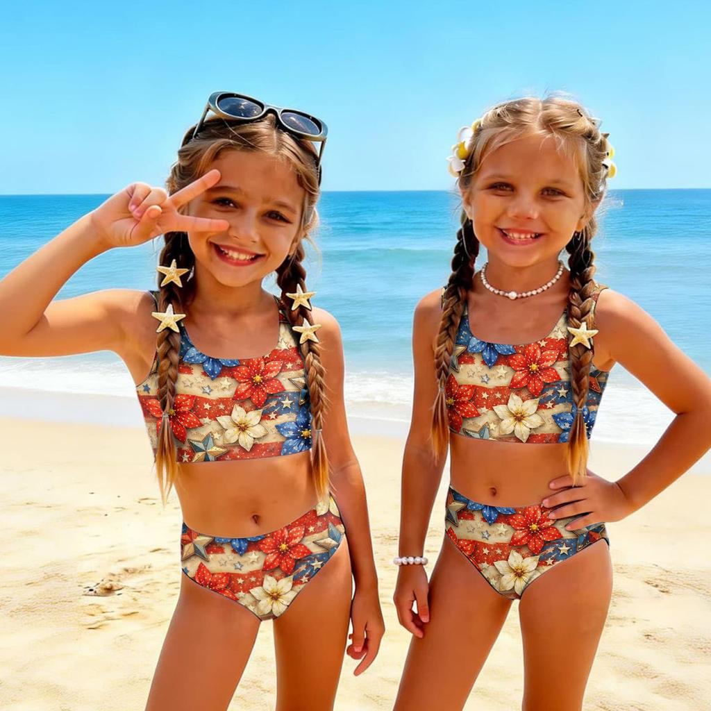 Conjunto de Bikini de Dos Piezas para Niñas, Top Tankini y Braguita, Ropa de Baño de Verano para Niños, Traje de Baño con Estampado del Día de la Independencia