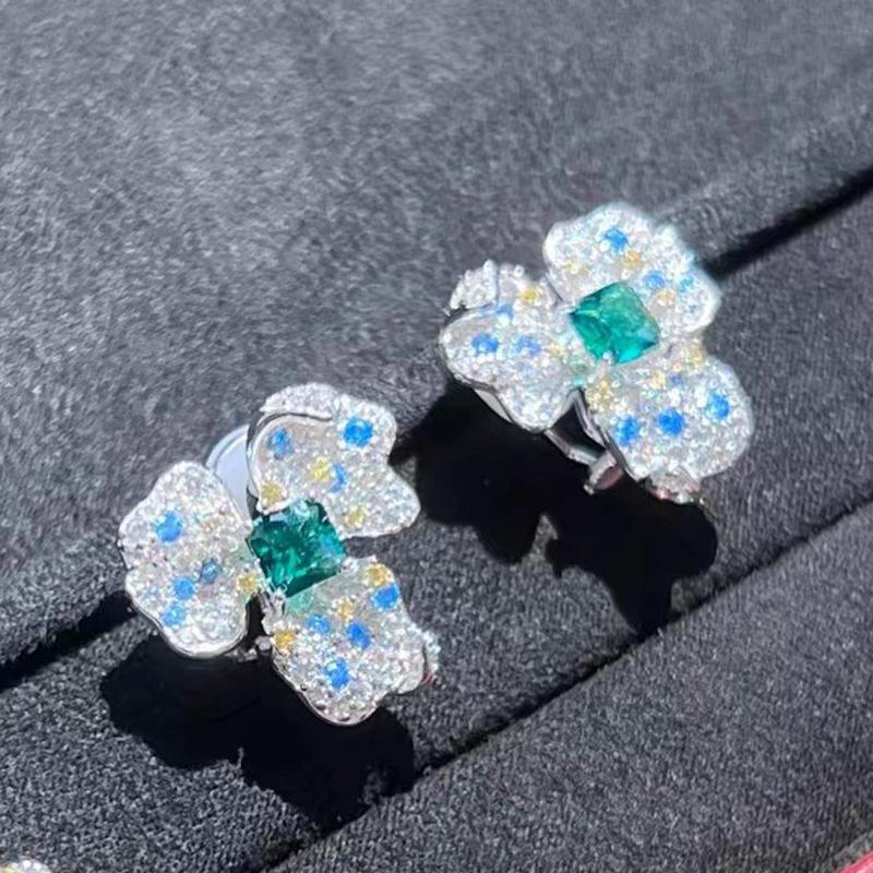 

Classics Sterling Silver Emerald Colored Open Ring&Lucky Flower Earrings Women s New Year Gifts High End resizable