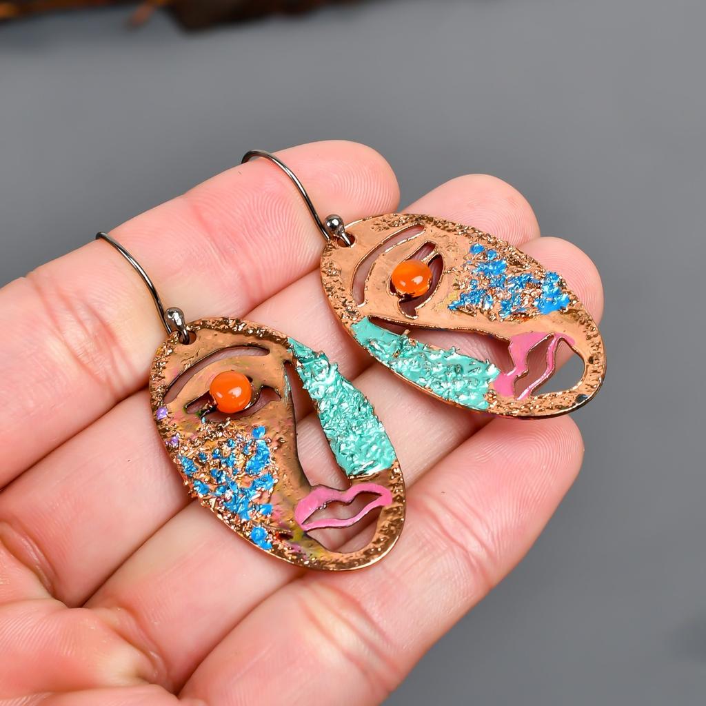 Round Carnelian Stone Copper Dangling Hook Multi Electroformed Earrings Jewelry V-93