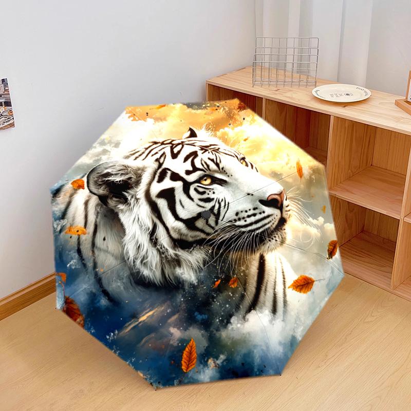 1 PC Automatic Folding Umbrella - White Tiger with Falling Leaves Pattern, Portable & Foldable Design with 8 Ribs, Christmas Birthday Gifts