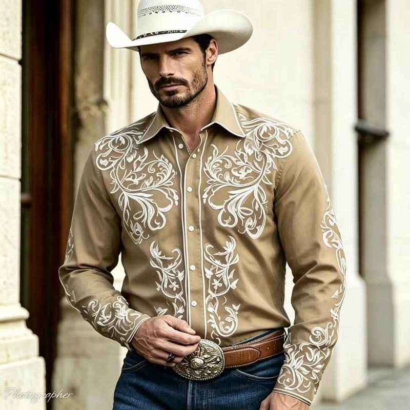 Retro floral 3D printed men's shirt, Western denim button up long sleeved shirt, men's lapel casual fashion shirt, plus size