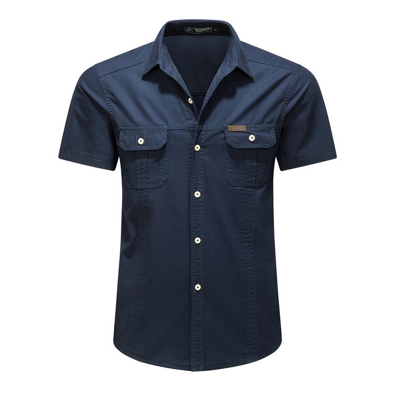 Mens Solid Color Turn Down Collar Double Pocket Short Sleeve Casual Work Shirt