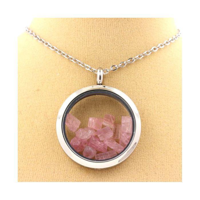Pierres et Minéraux. Collier Tourmaline rose brut. Modèle Médaillon 20 mm. Couleur Argent.