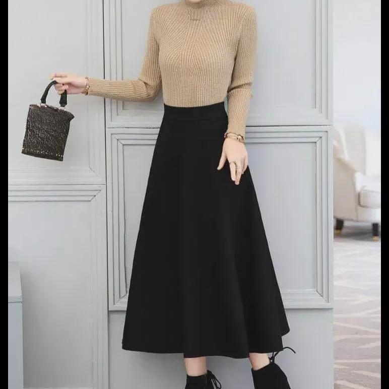 Mittellanger elastischer Rock im koreanischen Stil mit hoher Taille für Damen