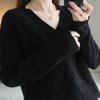 V-neck Sweater Women's Autumn and Winter Sweater Long-sleeved Pullover Loose Solid Color Jacquard Knitted Sweater Top