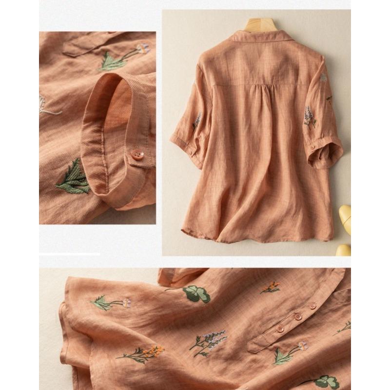 Short-sleeved Cotton and Linen Shirts for Women in Summer New Style Loose Literary Retro Printed Fashion Tops Casual