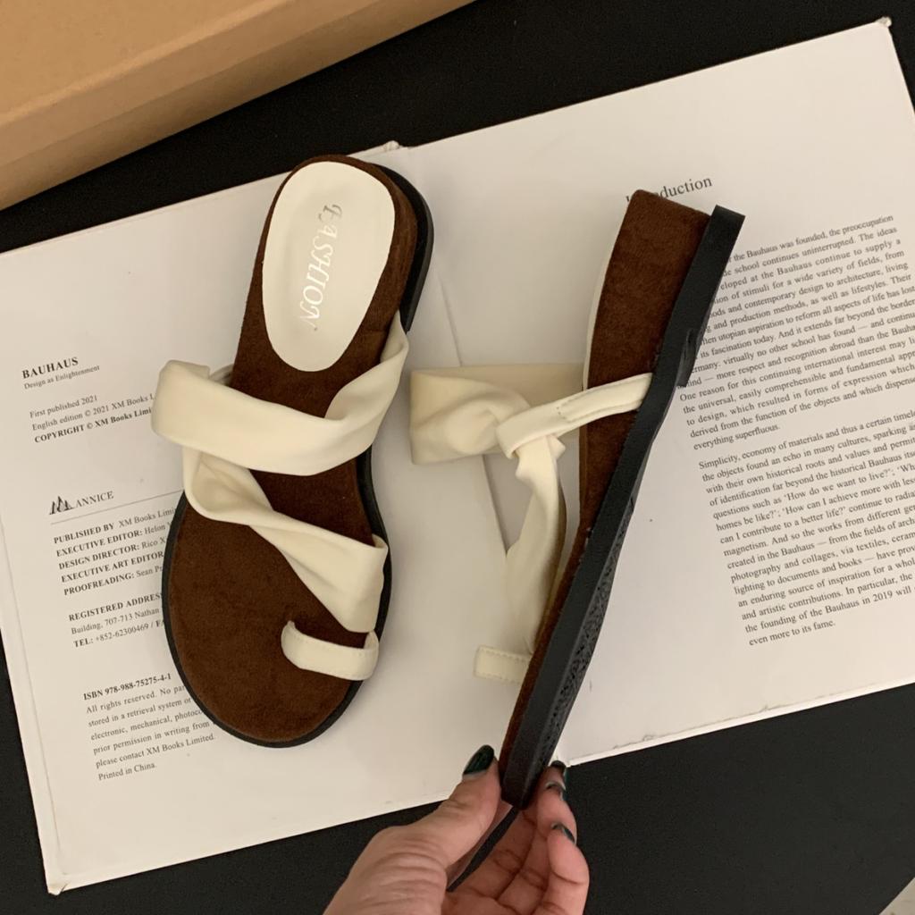 Soft Leather Version~ French Retro Fairy Style Vacation with Skirt Cool Slippers Female Round Head with Simple Roman Shoes