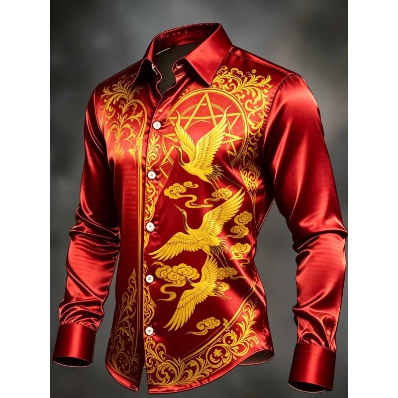 New Long Sword Black Wings Baroque 3D Printed Long Sleeve Shirt Smooth Satin Collar Men's Top Clothing