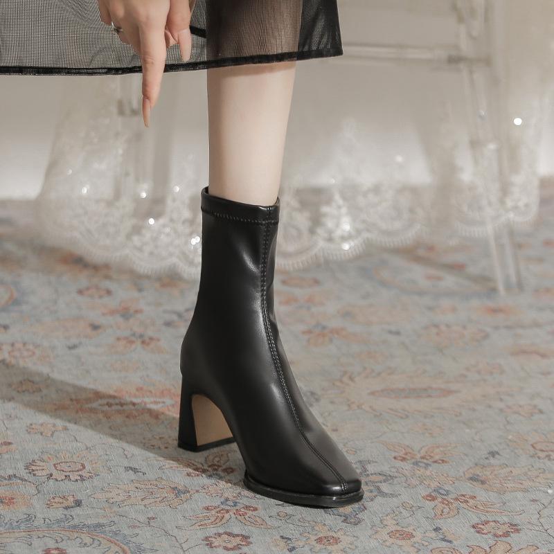 Maillard Style Thick Heel Medium Boots Children's Autumn and Winter New Velvet French Bare Boots with Skirt Elastic Thin Boots