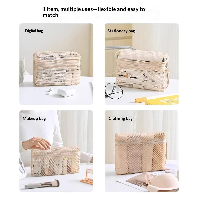 Beige Zipper Mesh Storage Bags Tear Resistant Breathable Visible Organizer for Business Trip Toiletries Makeup Storage
