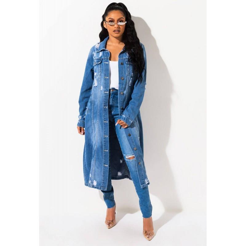 Womens Oversized Denim Trench Coat 2026 Retro Casual Longline Jacket Loose Fit