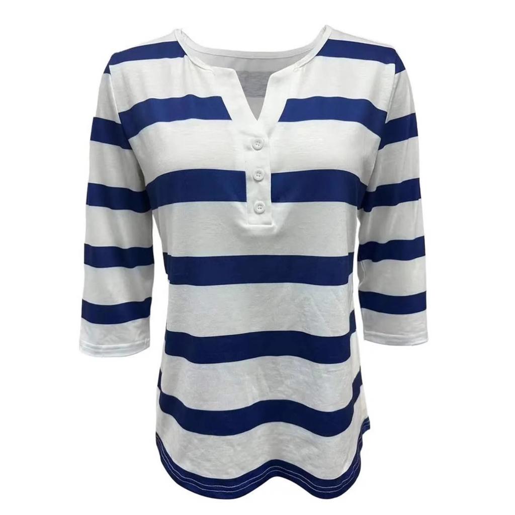 2025 Summer New Women's Casual V-Neck Button Striped T-Shirt Fashion Versatile Top for Europe and America