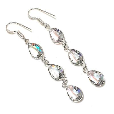Natural White Topaz Gemstone Handmade 925 Sterling Silver Earring 2.76" V3e86