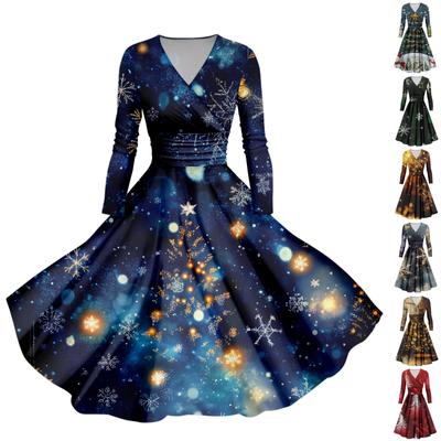 Lässiges und modisches, weihnachtlich bedrucktes, langärmliges, sexy Kleid mit V-Ausschnitt für Damen