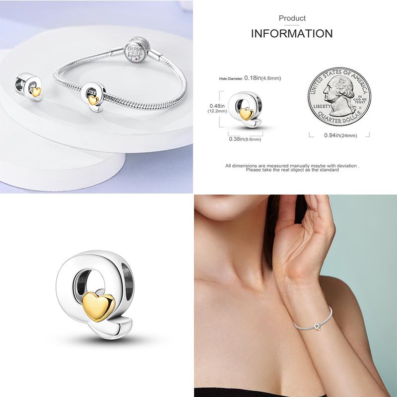 Neuer 26 A-Z Alphabet-Bead S925 Sterlingsilber Herz LOVE Buchstaben-Charm Passend für Original Armband Armreif CZ Zirkonia Bead Schmuck