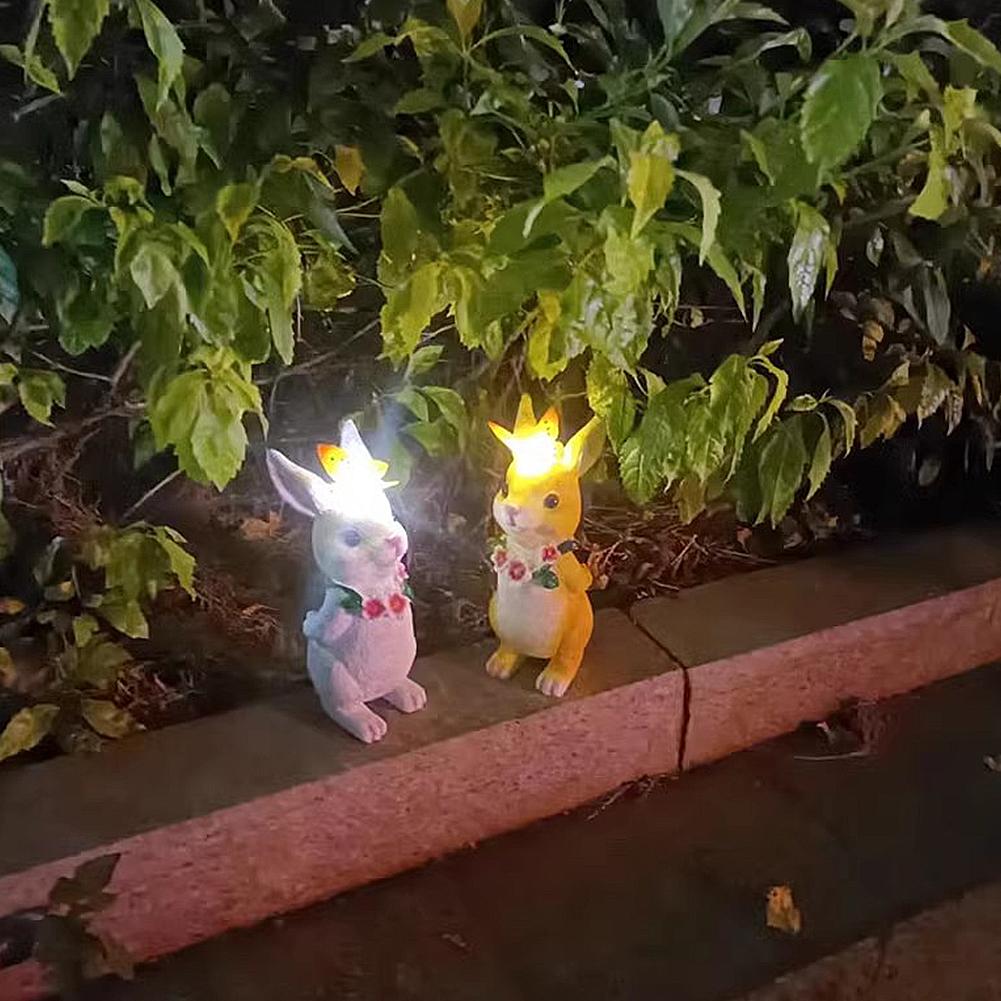 Solar Cute Rabbit Night Light Resin Rabbit Statue Night Lamp Creative Rabbit Butterfly Figurine Light Easter Outdoor Decoration