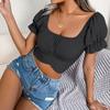 GMXIA Women's Fashion Casual Solid Color Print Short Sleeve Square Collar Blouses & Shirts Slim Lace-up Chiffon Crop Top