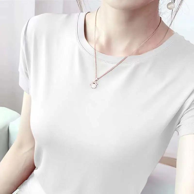 

Белая футболка из модала, женская однотонная рубашка с короткими рукавами и круглым вырезом, большой размер, свободная рубашка из ледяного шелка S белый