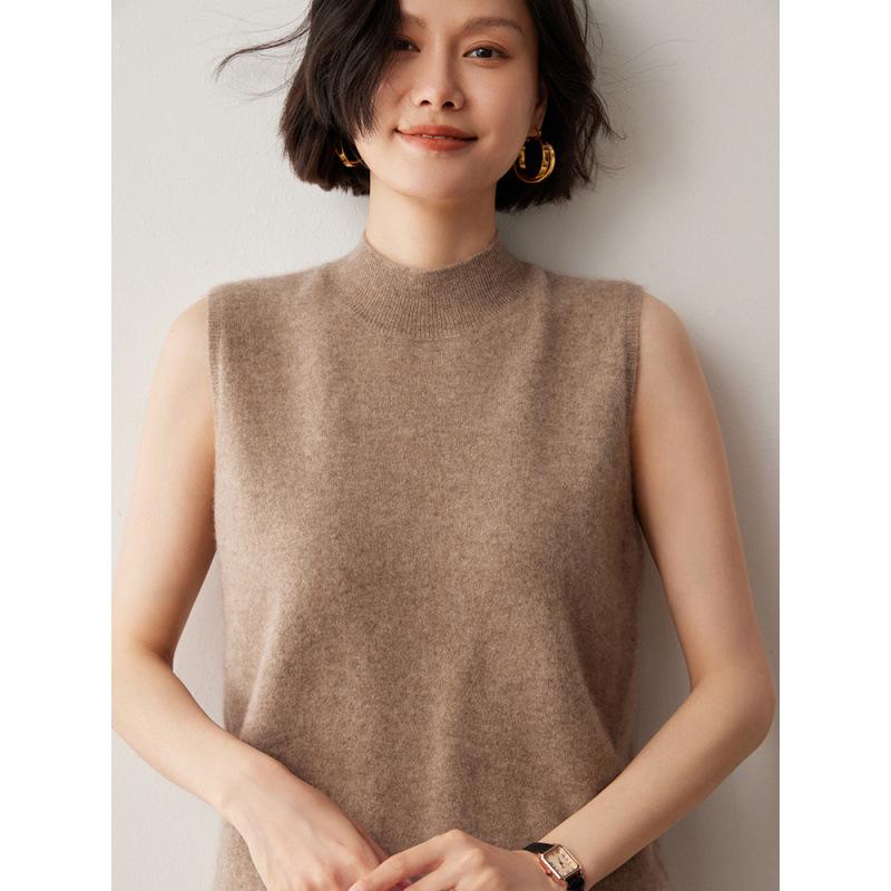 Women's Sleeveless Cashmere Wool Vest - Autumn/Winter High Neck Knit Sweater Base Layer