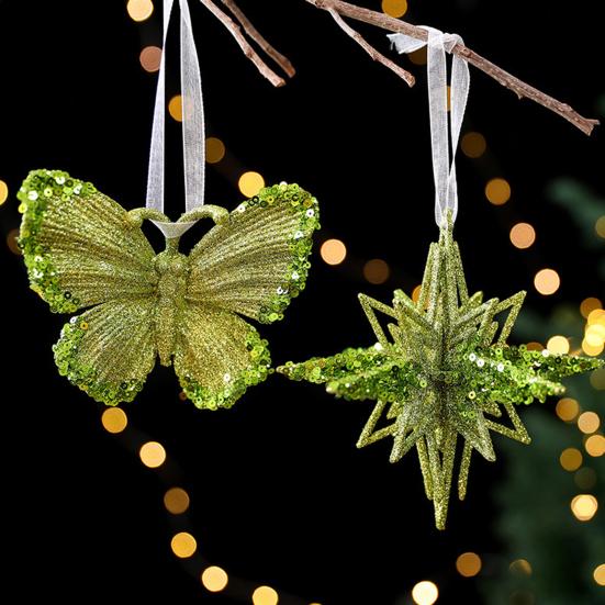 Glitter Christmas Ornaments Green Sequined Butterfly/Star/Reindeer Xmas Tree Hanging Decorations for Xmas Tree Holiday Home Party Decor