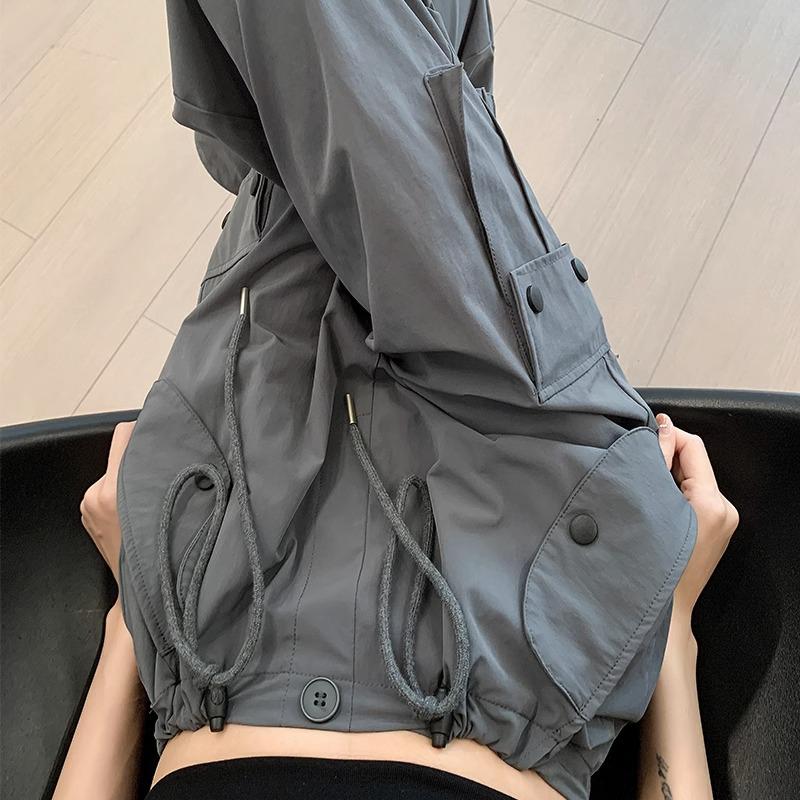 Women's Gray High Waist Cargo Pants - 2025 Spring/Summer, Lightweight, Wide-Leg, Casual American Style