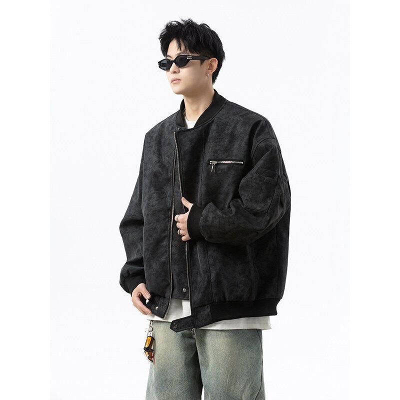 Leather jacket men's spring and autumn tooling jacket short American baseball uniform oversize trendy brand locomotive clothing retro